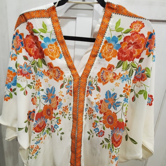 Rose + Olive Boho Floral Dress Blouse Top Orange White - Picture 2 of 4